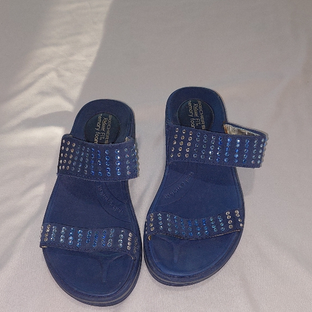 Skechers Navy Slip On Sandals with Rhinestone Details.Size 6
